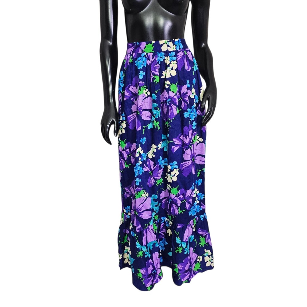 Vintage Handmade Brushed Acrylic Floral Maxi Skirt Purple Ruffle Hem Boho Dayglo
